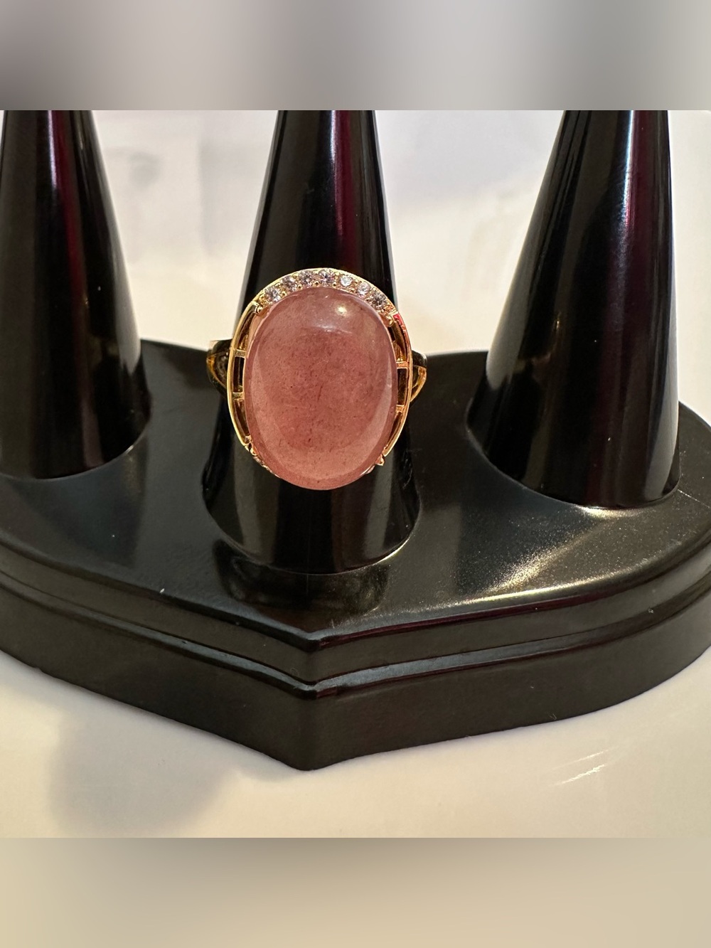 Strawberry Quartz Stone- Gold tone Ring with Pink Oval Gemstone
